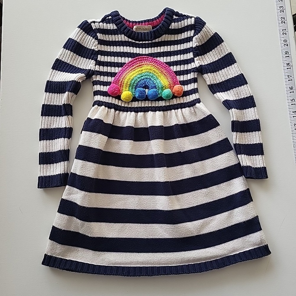 Cynthia Rowley Sweater Dress Girls XS (4) Blue White Striped Rainbow Embroidered